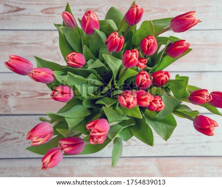 Pink tulips in a vase. View of flowers in a vase from above. Beautiful bouquet. Delicate flowers. Flower background. Mother’s Day Royalty-Free Stock Photo #1754839013