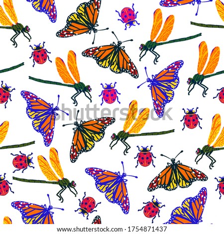Seamless summer pattern with butterflies and dragonflies on white background