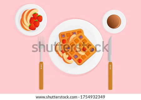 Vector illustration of breakfast with coffee waffles and berries on a pink background. Belgian waffles with blackberries, strawberries and peaches. Flat design style. Breakfast concept.
