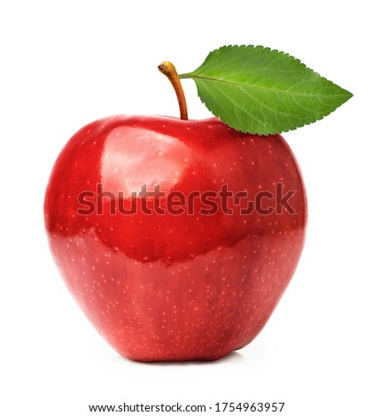 red apple fruit with green leaf isolated on white background
