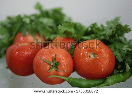 a portrait picture of a tomato and coriander  leaf 