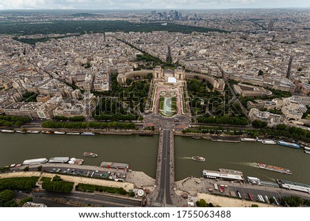 Aerial view from the Eiffel tower on Paris city, Champs de Mars, Trocadero and skyline toward La Defense business district, France