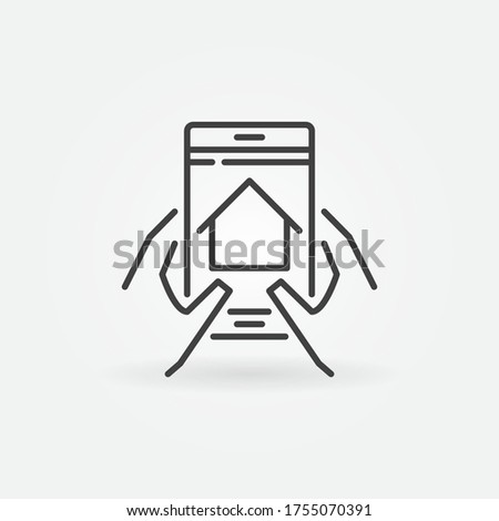 Smartphone with House in Hands vector concept icon or symbol in thin line style