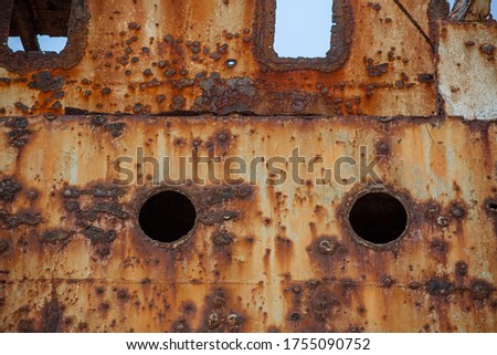 Detail view of abandoned ship carcass in graveyard ships on the atlantic ocean coast... Royalty-Free Stock Photo #1755090752