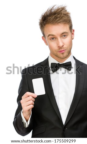 Half-length portrait of businessman holding business card, isolated on white, copyspace