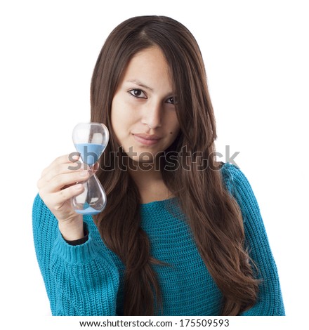 Young woman holding a time on white background