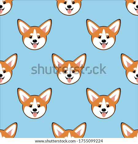 vector illustration seamless pattern character cartoon cute chibi anime funny brown face dog Welsh Corgi on a blue background