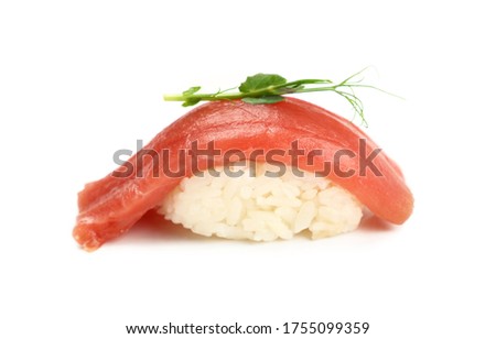 Close up one nigiri sushi with tuna fish isolated on white background, low angle side view Royalty-Free Stock Photo #1755099359