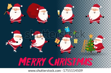 Santa Clause going to celebration Christmas. Characters set. Holiday vector illustration. Collection of Christmas Santa Claus