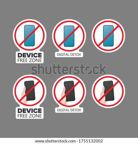 Set of stickers. Crossed out hand icon with a phone. Strikethrough phone sticker. The concept of ban devices, free zone devices, digital detox. Blank for sticker. Isolated. Vector.