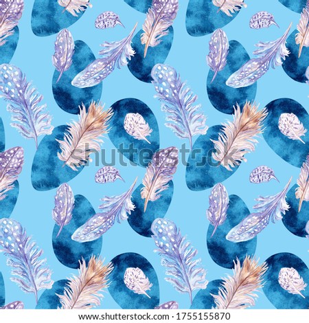 Seamless pattern with watercolor feathers. Decorative elements with plumes and textured eggs. Hand drawn endless texture for spring and summer design.