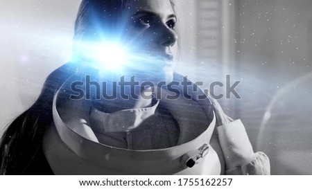 inner universe, a concept of human consciousness and intelligence. A young woman in a space suit and a galaxy in her brain, double exposure Royalty-Free Stock Photo #1755162257