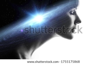 Profile of a woman with the galaxy as a brain. The scientific concept. Dreamer, creative mind concept. galaxy in head, complex human consciousness and psychology, inner space Royalty-Free Stock Photo #1755175868