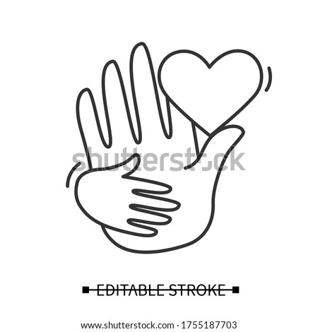 Adoption icon. Baby hand holding parent with linear heart pictogram. Parent love, care and child adoption concept. Editable stroke vector illustration for web and social advertisement.