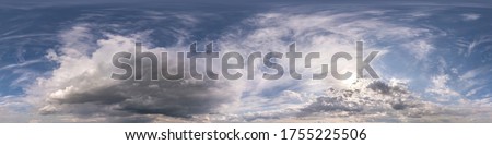 blue sky with beautiful fluffy clouds without ground. Seamless hdri panorama 360 degrees angle view for use in 3d graphics or game development as sky dome or edit drone shot