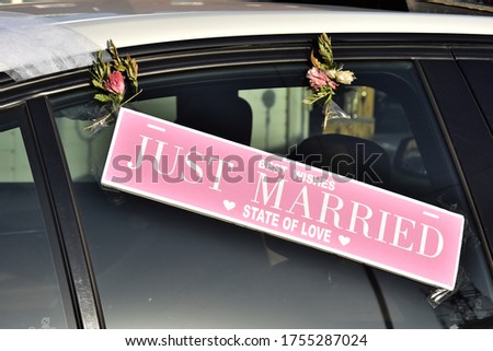 Pink wedding plate on a newlyweds car with the words Just Married