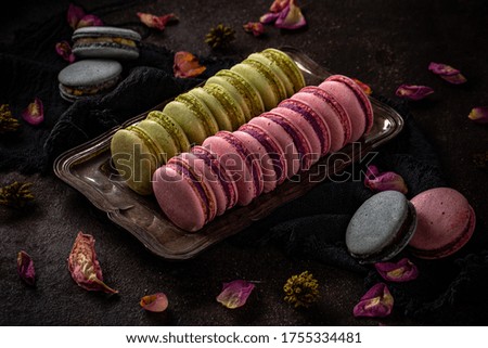 Colorful macarons stand on a vintage metal tray