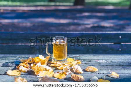 Picture of a glass of beer (pint) on autumn table, image with copy space
