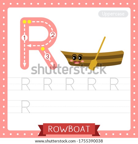Letter R uppercase cute children colorful transportations ABC alphabet tracing practice worksheet of Rowboat for kids learning English vocabulary and handwriting Vector Illustration.