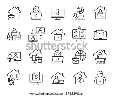 Freelance and Work at Home Icons Set. Collection of linear simple web icons such as Work from Home, Distant Work, Freelance, Online Video Conferencing, Work Online and more. Editable vector stroke. Royalty-Free Stock Photo #1755390164