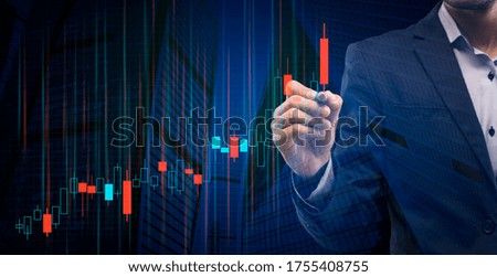 Corporate Growth. Unrecognizable Businessman Drawing Financial Graph On Virtual Panel Analysing Business Statistics Data On Blue Background. Panorama, Cropped