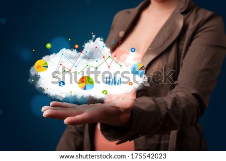 Young beautiful woman presenting cloud with charts and graph icons and symbols