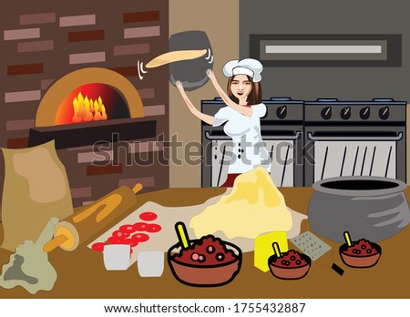 woman chef throwing pizza in brick wood fire oven in kitchen