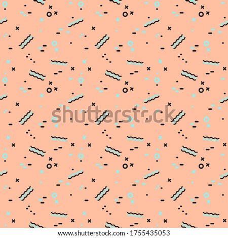 Modern abstract background with geometric shapes. Memphis stile. Seamless pink background with lines, circles, crosses.