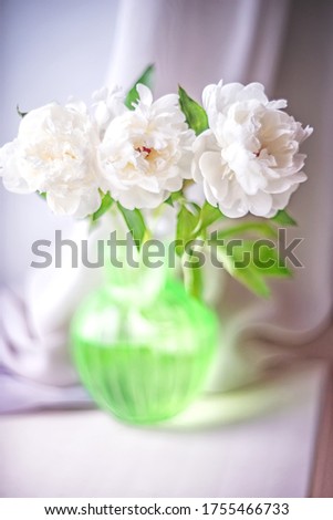 
Three white peonies in a green vase on a light blurry background (selective focus)