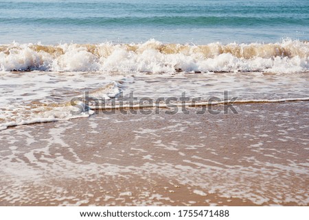                             Sandy beach on a sunset with reflection on wet sand and waves with foam. Copy space.   