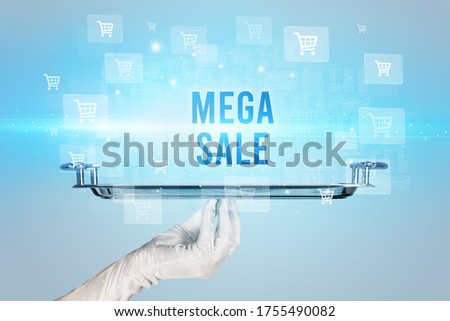 Waiter serving MEGA SALE inscription, online shopping concept