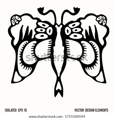
Boho butterfly design element clipart. Isolated decorative hand drawn flower doodle icon. Monochrome tattoo lace style black and white line art.