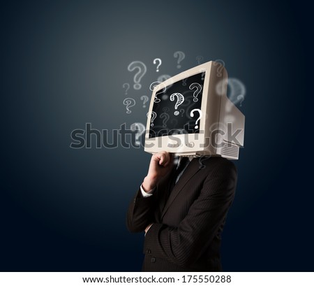 Businessman with a computer monitor head and question marks