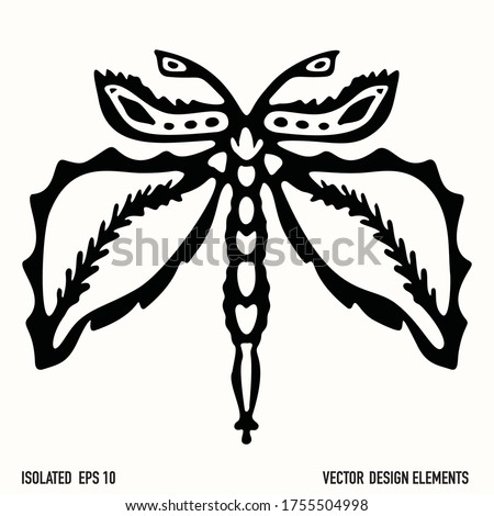 Boho butterfly design element clipart. Isolated decorative hand drawn flower doodle icon. Monochrome tattoo lace style black and white line art.