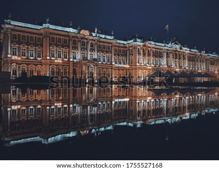 Architecture, reflection in water, night architecture, night photo of reflection architecture
