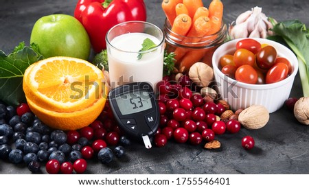 Diabetes and Cholesterol control diet and healthy eating nutrition concept, World diabetes day concept . Foods on black background Royalty-Free Stock Photo #1755546401