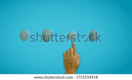Hand and gray stone with drop shadows on blue gradient background,soft pastel color, illustration for graphic design