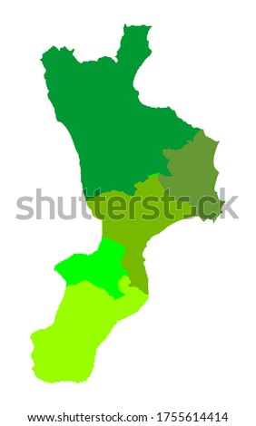 Calabria map vector silhouette illustration isolated on white background. Italy region symbol Calabria with separated provinces with borders.