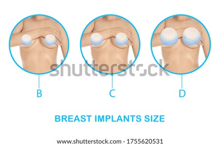 Collage with photos of woman demonstrating different implant sizes for breast on white background, closeup. Banner design 