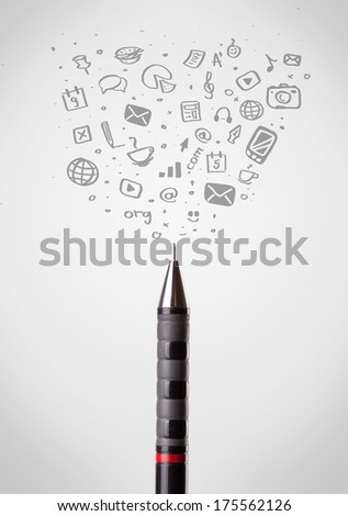 Pen close-up with sketchy social media icons