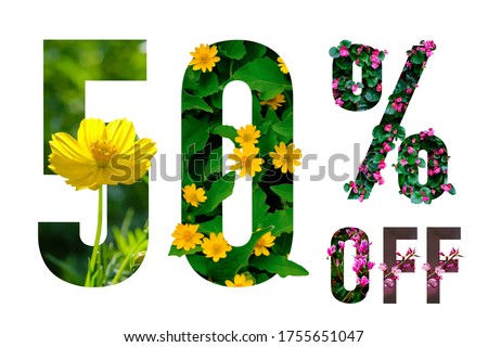 50% off discount promotion sale poster. Summer sale banner with paper cut tropical flowers on