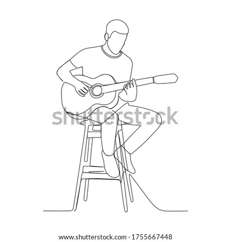 sit man playing acoustic guitar continuous line one line