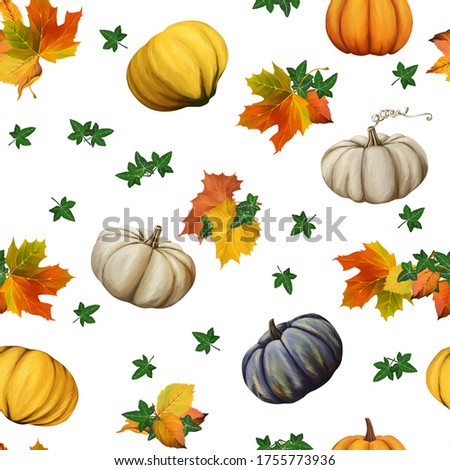 Bright autumn leaves and pumpkins seamless pattern 