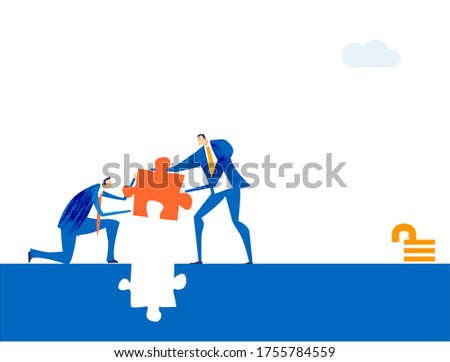 Two business people fitting the puzzle piece, agreement, working together, finding solution, advisory business.