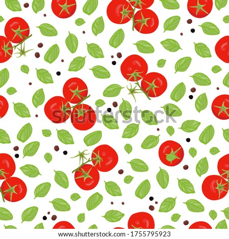 Seamless pattern: red tomatoes on branches, green Basil leaves and spices on a white background. Vector hand drawing.