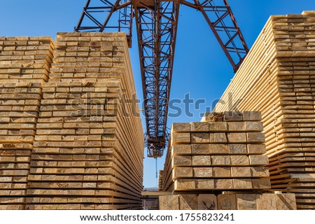 Wooden boards, lumber, industrial wood, timber.  Finished products under an industrial crane. Royalty-Free Stock Photo #1755823241