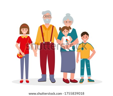 Happy elderly couple and children portrait.  Smiling grandparents with grandchildren. Vector illustration on white background. 