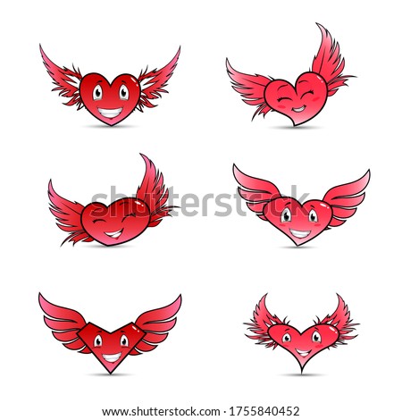 Pink heart with wings icon isolated . Hearts with wings vector logo. Flat design style. Modern vector pictogram for web graphics - stock vector. Set of hearts.  cartoon character heart