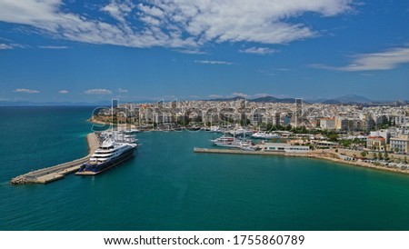 Aerial drone photo of beautiful port of Zea or Passalimani in the heart of Piraeus, Attica, Greece
