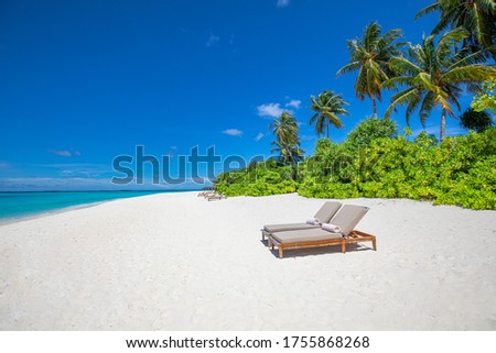 Chairs on white sand in palm beach, tropical holiday banner. Beautiful summer beach landscape, turquoise sea, deckchairs, white sand and palms, sun, very beautiful nature